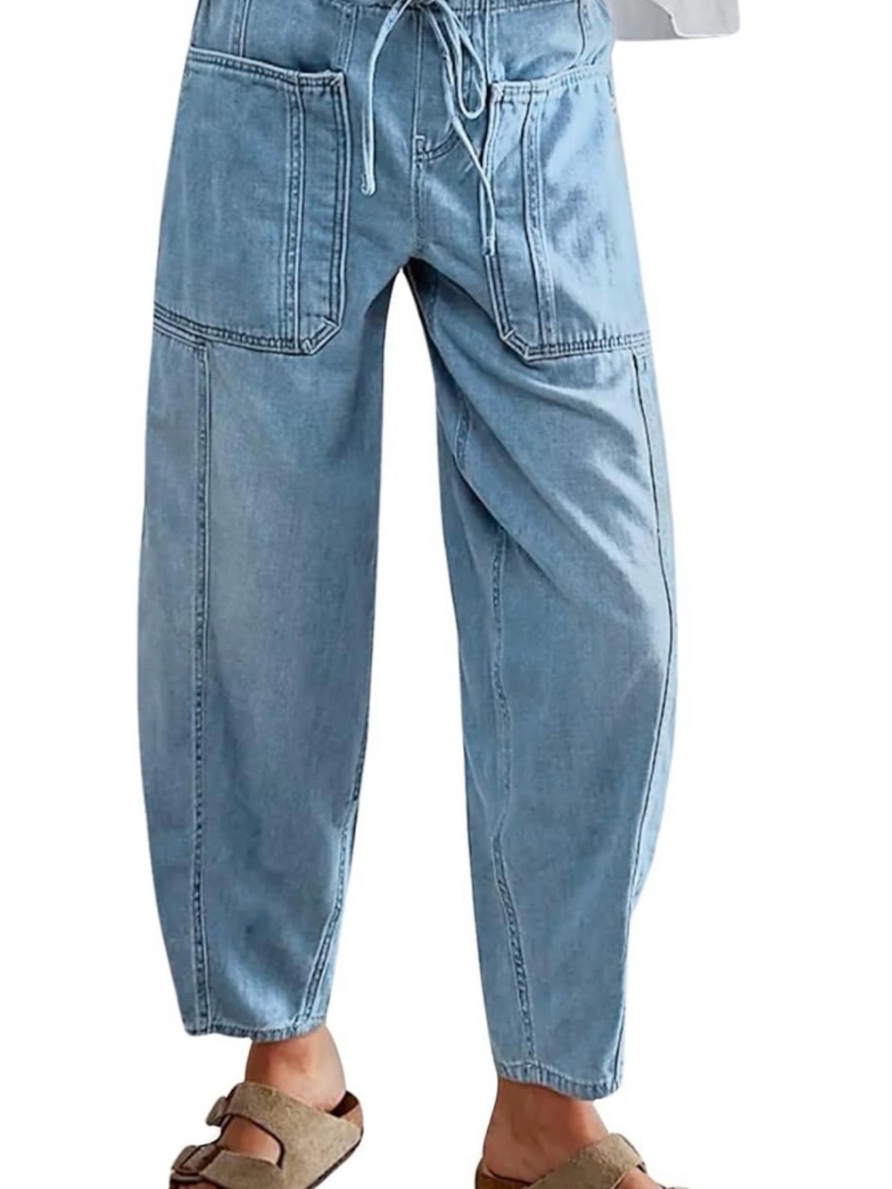 LifeShe Light Blue Wide Barrel Leg Women's Denim Jeans, Drawstring Elastic Waist